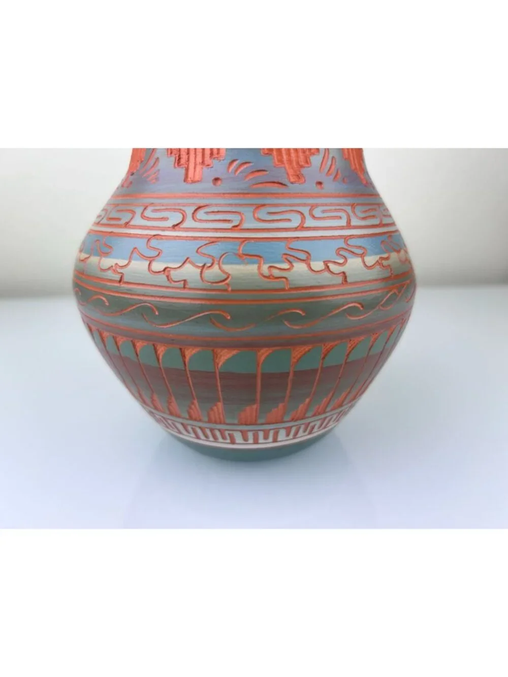 Navajo Pottery Vase Terracotta Red Clay Etched Blue Orange Teal 6